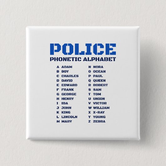 Politie Fonetisch Woordenboek A tot Z Alfabet Vierkante Button 5,1 Cm (Voorkant)