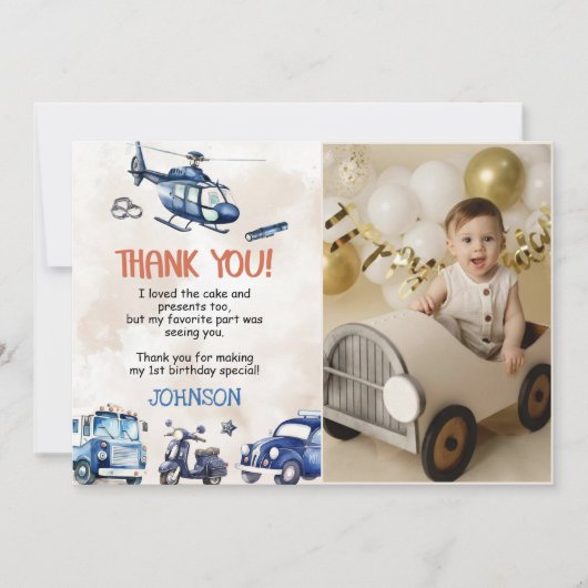 Politie Jongen 1e Verjaardag Party Foto Bedankkaart (Voorkant)