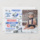 Politie Jongen 1e Verjaardag Party Foto Kaart (Voorkant)