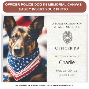 Politie K9 Memorial Foto Politiehond gepersonalise Canvas Afdruk