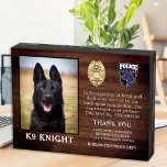 Politie K9 Pensioenwet executietaak Houten Kist Print<br><div class="desc">Eer uw beste partner en politiehond voor zijn toegewijde dienstjaren met deze "Thin Blue Line Police Dog Retirement Appreciation" Foto-onderscheidingsplek. Personaliseer de foto, naam, persoonlijke boodschap, dienstdata en dienstjaren van uw politieagent K9. Ook personaliseer je met een badge, afdelingscode of logo. Perfect voor de politie K9 handboten of politiediensten om...</div>
