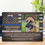Politie K9 Uittreding politieagent in de wet Fotoplaat<br><div class="desc">Eer je beste partner en politiehond voor zijn toegewijde dienstjaren met deze foto van de Thin Blue Line Police Dog Retirement Appreciation. Personaliseer de foto, naam, persoonlijke boodschap, dienstdata en dienstjaren van uw politieagent K9. Ook personaliseer je met een badge, afdelingscode of logo. Perfect voor de politie K9 handboten of...</div>