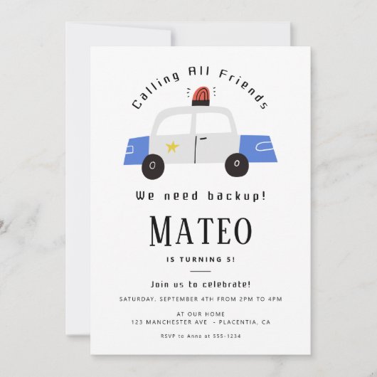 Politie Kids Verjaardagsfeestje Minimalist Kaart (Voorkant)