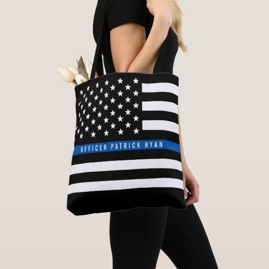 Politie met blauwe lijn Amerikaanse vlag Naam toev Tote Bag (Dichtbij)