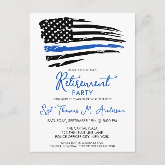 Politie met een blauwe lijn vlag Moderne pensioner Uitnodiging Briefkaart (Voorkant)