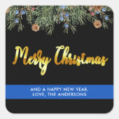 Politie met vrolijk kerstfeest met blauwe lijn vierkante sticker (Voorkant)