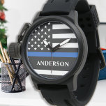 Politie op maat van de wet op blauwe lijnen horloge<br><div class="desc">Thin Blue Line Police Watch - Het Amerikaanse vlagontwerp in de vlag van de Politie kleuren een modern zwart, blauw wit ontwerp. Geweldig geschenk aan je favoriete politie of rechtshandhavingsambtenaar. Geweldig cadeautje of appreciatie cadeau van de politie. Personaliseer met naam. COPYRIGHT © 2020 Judy Burrows, Black Dog Art - Alle...</div>