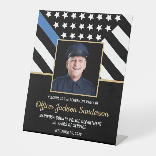 Politie pensioen blauwe lijn vlag foto welkom reclamebord met voetstuk (Voorkant)