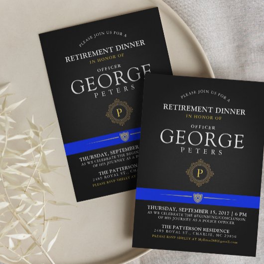 Politie Pensioen Diner Monogram Zwart Uitnodigen Kaart