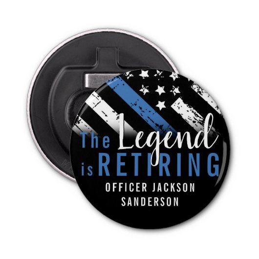 Politie Pensioenblauwe lijn Vlaggenwet Handhaving Button Flesopener (Voorkant)