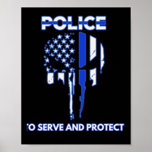 Politie schedel ontwerp eerbetoon met blauwe lijn poster