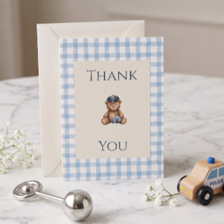 Politie Teddybeer Gingham Baby Shower Bedankkaart