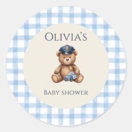 Politie Teddybeer Gingham Baby Shower Ronde Sticker