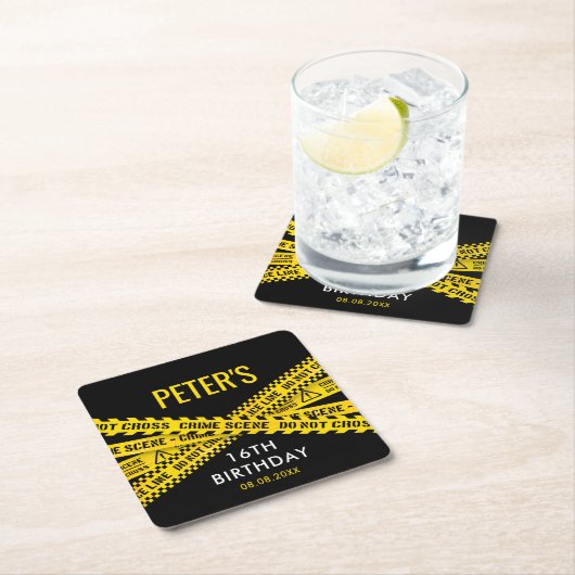 Politie Verjaardag met Gele Misdaad Scene Tapes Kartonnen Onderzetters (Insitu)