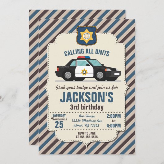 Politie Verjaardag Uitnodiging / Retro Politiewage (Voorkant / Achterkant)