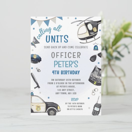 Politie verjaardagsfeestje uitnodiging - Politieag (Staand voorkant)