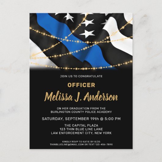 Politieagent Afstuderen Thin Blue Line Party Uitnodiging Briefkaart (Voorkant)