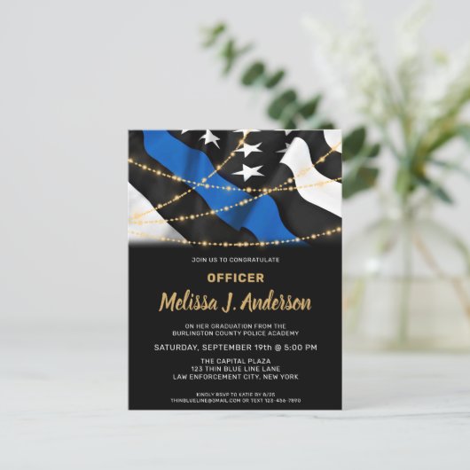 Politieagent Afstuderen Thin Blue Line Party Uitnodiging Briefkaart (Staand voorkant)