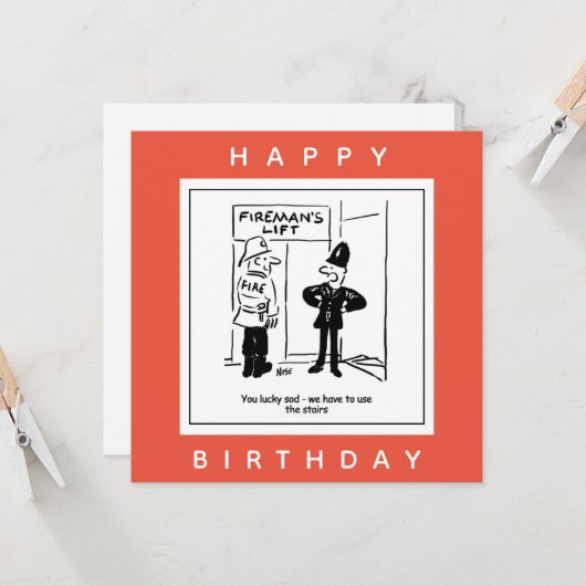 Politieagent en vuurman - Fireman's Lift Cartoon Kaart (Voorkant / Achterkant in situ)