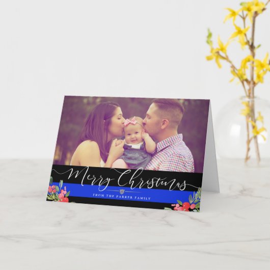 Politieagent familie | Kerstvakantie foto Kaart (Gele Bloem)