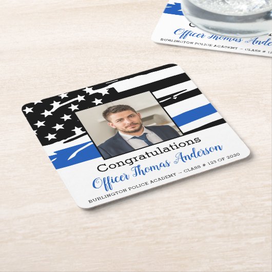 Politieagent Foto Thin Blue Line Afstuderen Kartonnen Onderzetters (Schuin)