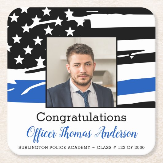 Politieagent Foto Thin Blue Line Afstuderen Kartonnen Onderzetters (Voorkant)