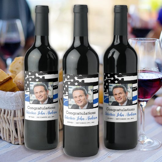 Politieagent Foto Thin Blue Line Retirement Wijn Etiket