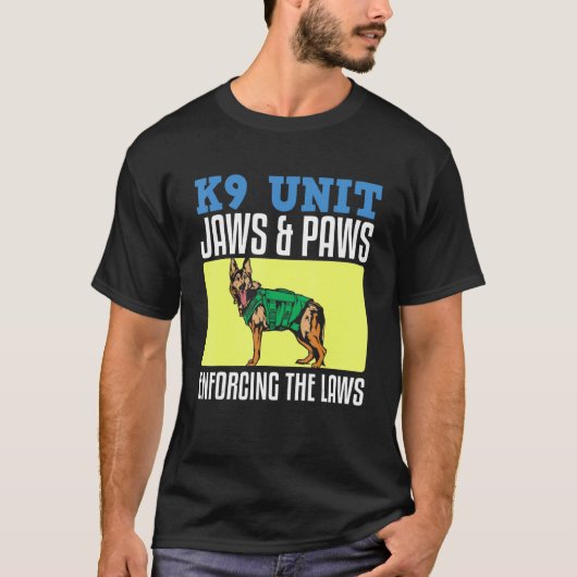 Politieagent Hond K0 Eenheid Jaws & Paws Handhavin T-shirt (Voorkant)