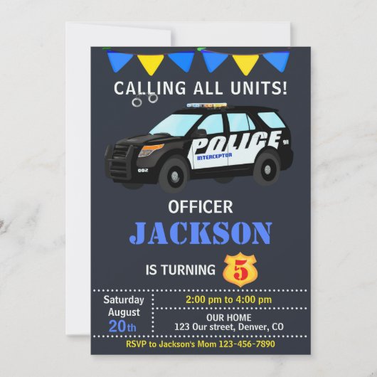 Politieagent verjaardagsuitnodiging Politieauto Kaart (Voorkant)