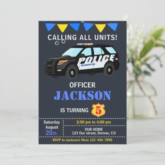 Politieagent verjaardagsuitnodiging Politieauto Kaart (Staand voorkant)