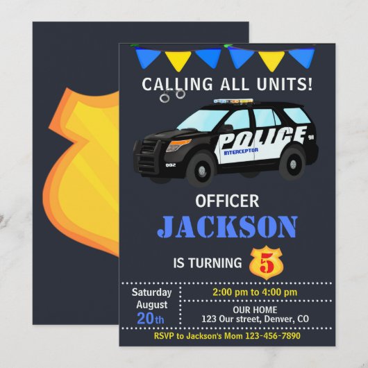 Politieagent verjaardagsuitnodiging Politieauto Kaart (Voorkant / Achterkant)