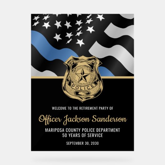 Politieagent wetshandhaving pensioen welkom acryl bord (Voorkant)