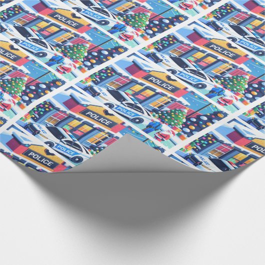 Politieauto Politieagent Kerstman en Kerstboom Cadeaupapier (Hoek)