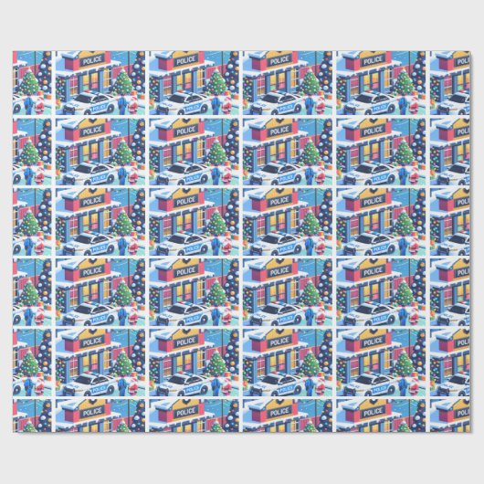 Politieauto Politieagent Kerstman en Kerstboom Cadeaupapier (Vlak)