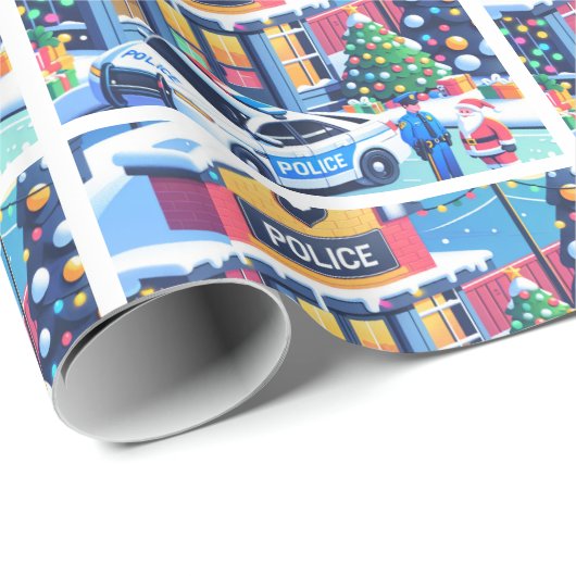 Politieauto Politieagent Kerstman en Kerstboom Cadeaupapier (Rol Hoek)