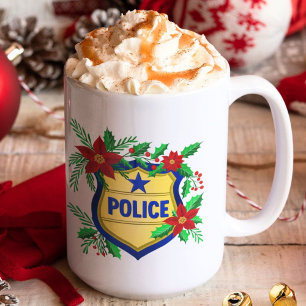 Politiebadge 'Prettig Kerstfeest' met Poinsettia Koffiemok