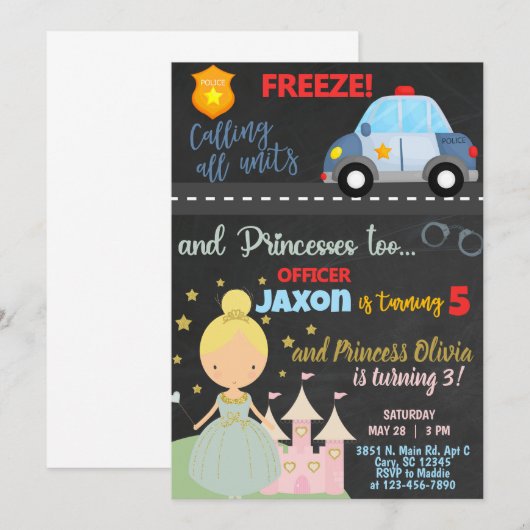 Politiebeambte en prinsesesbroers uitnodiging. kaart (Voorkant / Achterkant)
