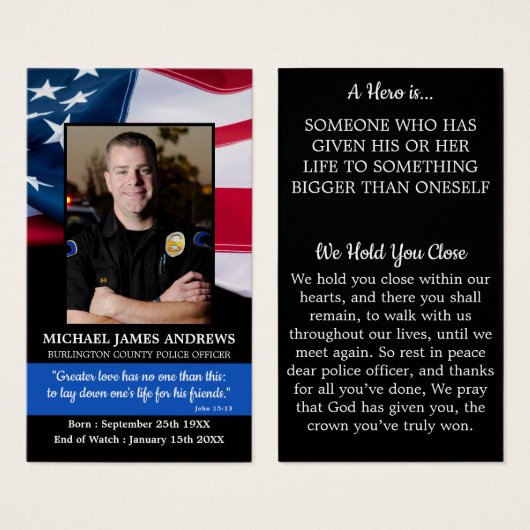 Politiebeambte Funeral Prayer Kaart Thin Blue Line (Voorkant /achterkant)