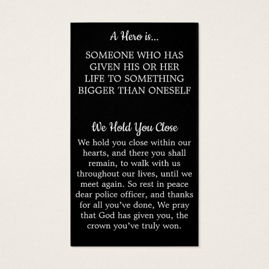 Politiebeambte Funeral Prayer Kaart Thin Blue Line (Achterkant)