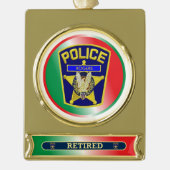 Politiebeambte in ruste aangepaste kerstversiering verguld banner ornament (Voorkant)