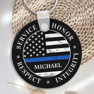 Politiebeambte Persoonlijke naam in blauwe lijn Sleutelhanger