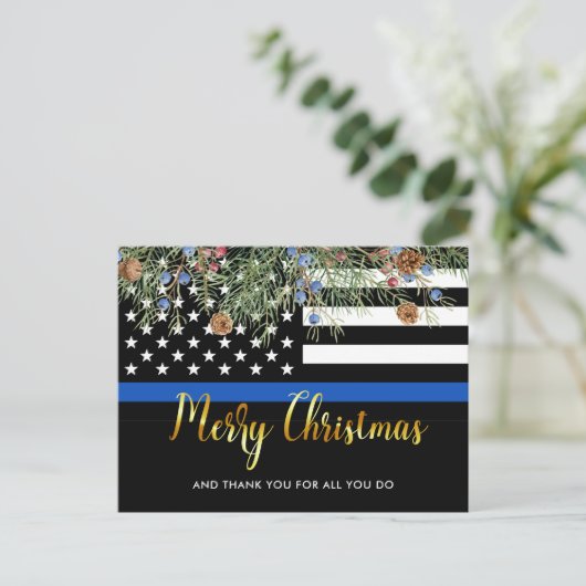 Politiebeambte Thin Blue Line Kerstmis bedankt Briefkaart (Staand voorkant)