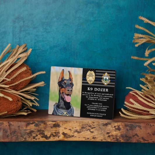 Politiedog Pensionering in blauwe lijn K9 Foto Fotoplaat (Zijkant)