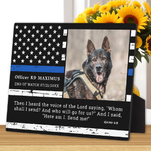 Politiehond Dunne Blauwe Lijn Officier K9-Memoriaa Fotoplaat