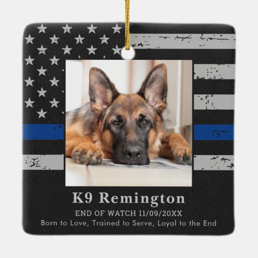 Politiehond K9 Memorial Foto EOW Thin Blue Line Keramisch Ornament (Achterkant)