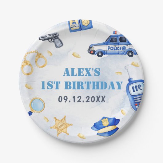 Politiejongen 1e verjaardagsfeestje papieren bordje (Voorkant)