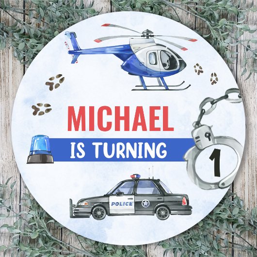 Politiejongen 1e verjaardagsfeestje ronde sticker