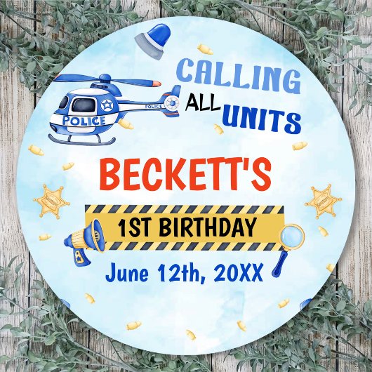 Politiejongen 1e verjaardagsfeestje ronde sticker