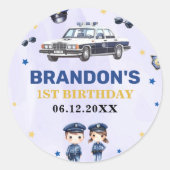 Politiejongen 1e verjaardagsfeestje ronde sticker (Voorkant)
