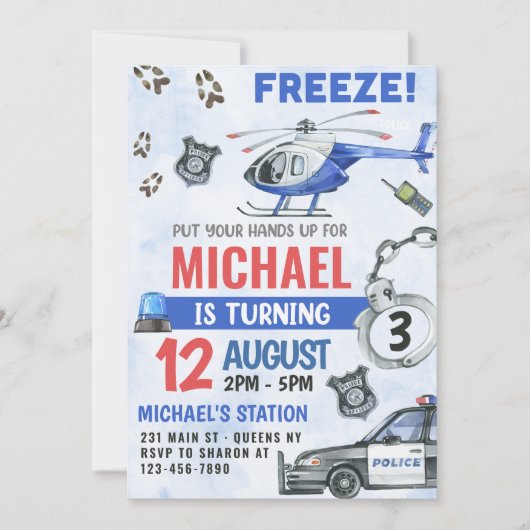 Politiejongen 3e verjaardagsfeestje kaart (Voorkant)